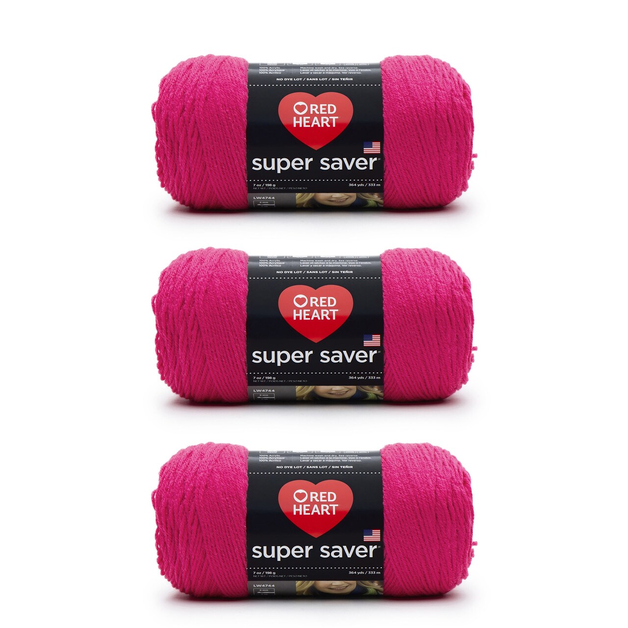 Red Heart Super Saver Shocking Pink Yarn - 3 Pack of 198g/7oz - Acrylic - 4 Medium (Worsted) - 364 Yards - Knitting/Crochet